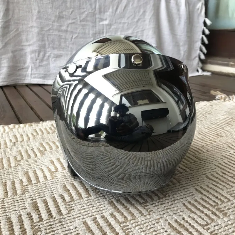 Vintage Open Face Retro Helmet - Mirror Silver Chrome Motorcycle Open Face